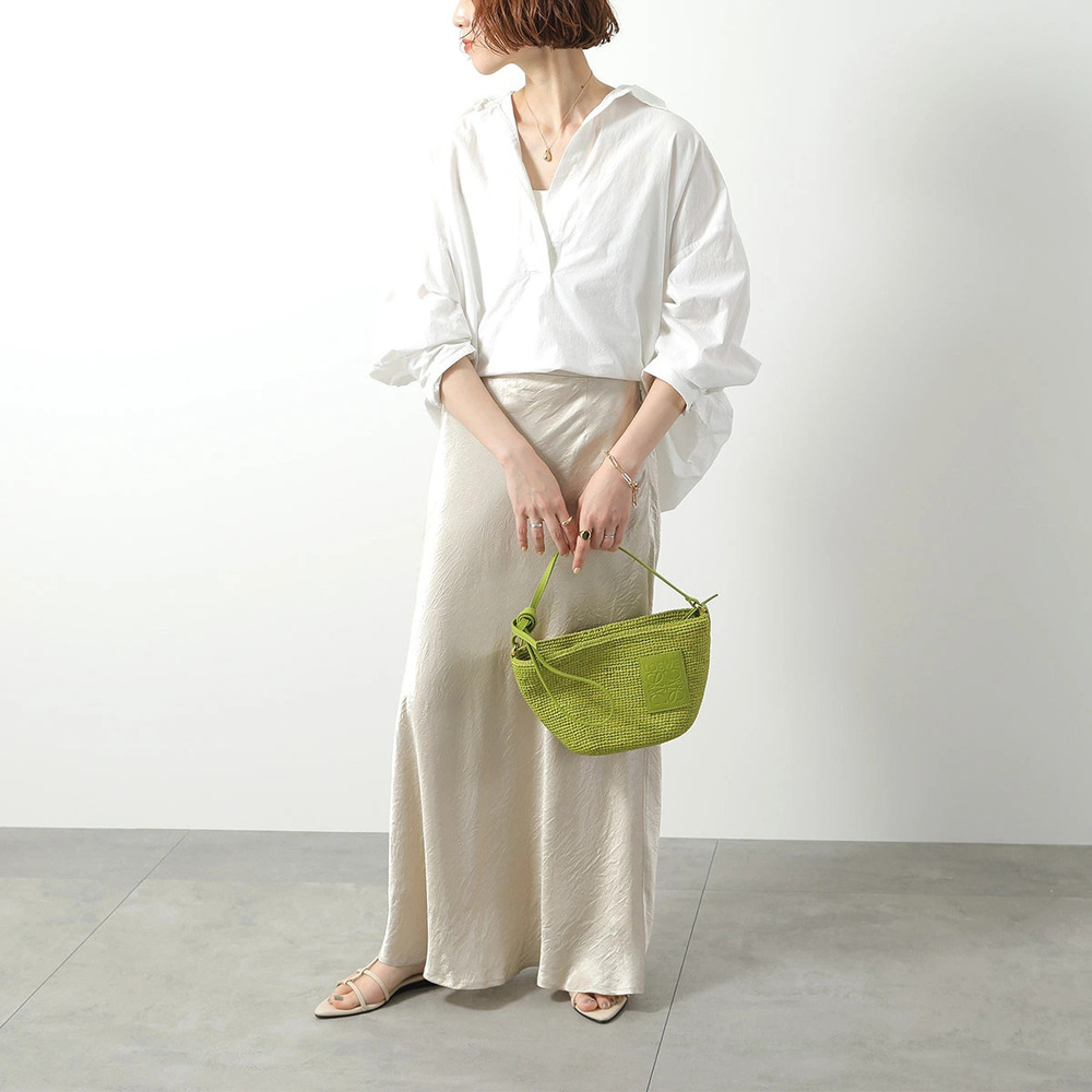 Loewe Basket Bag POCHETTE Slit Shoulder Leather Raffia Anagram MEADOW GREEN